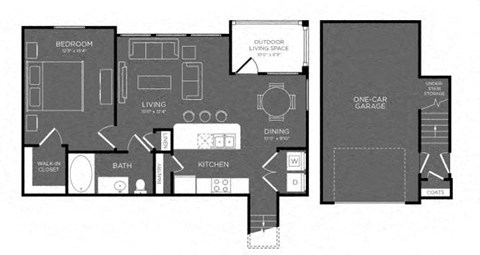 Floor plan for 1 bed, 1 bath, 792 sqft
